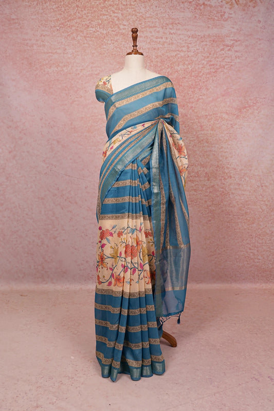Cream And Blue Semi Chanderi Saree - Seematti