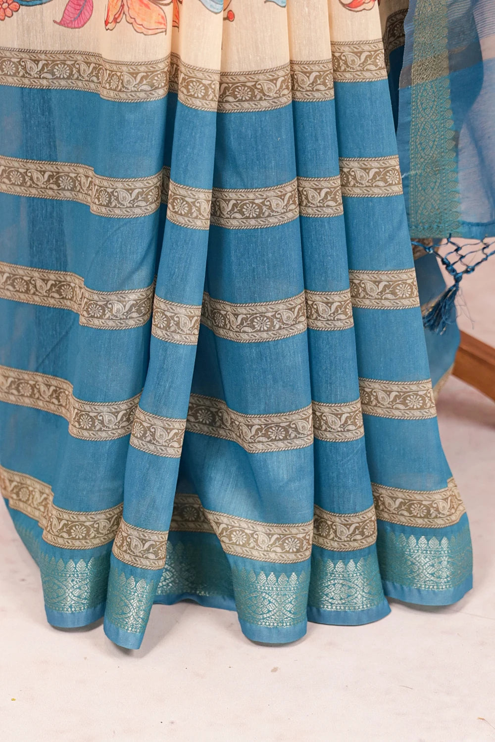 Cream And Blue Semi Chanderi Saree - Seematti
