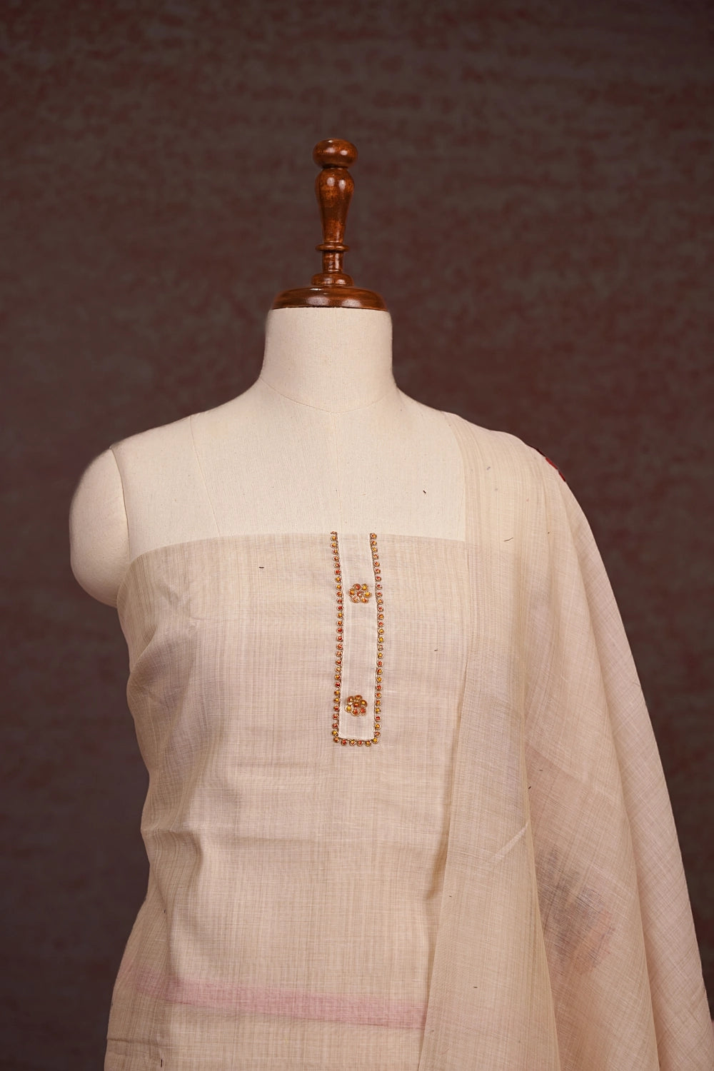 Cream Chanderi Silk Hand Work Unstitched Churidhar Material
