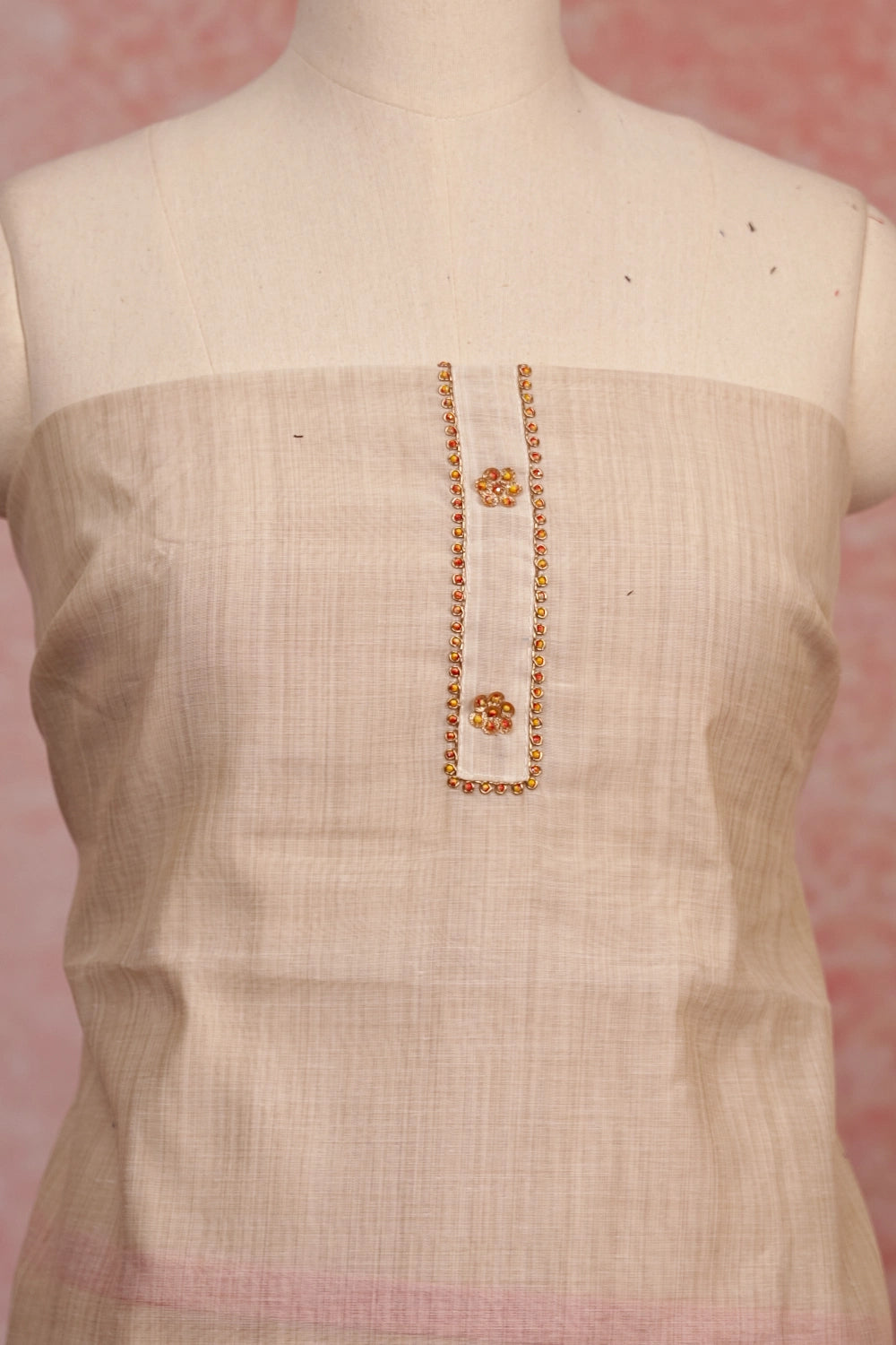 Cream Chanderi Silk Hand Work Unstitched Churidhar Material