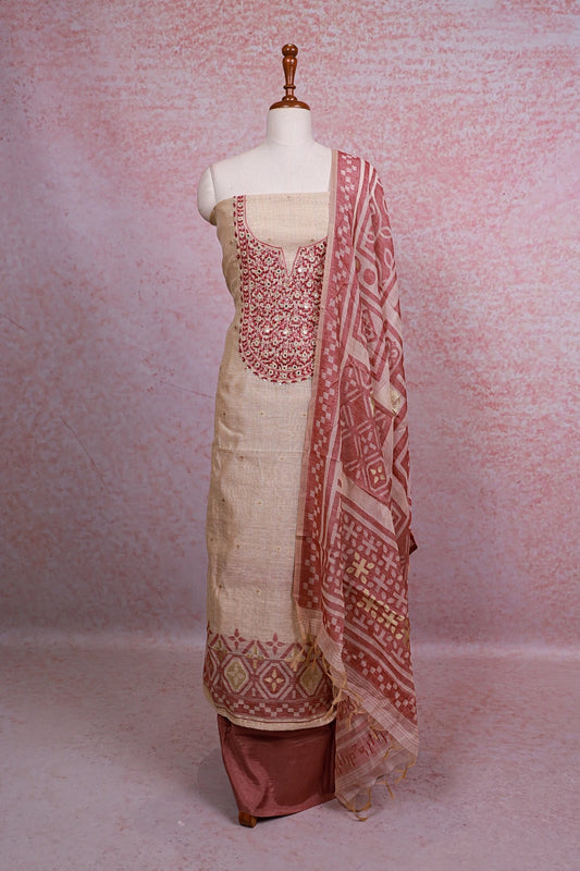 Cream Chanderi Silk Mirror Work Unstitched Churidhar Material - Seematti