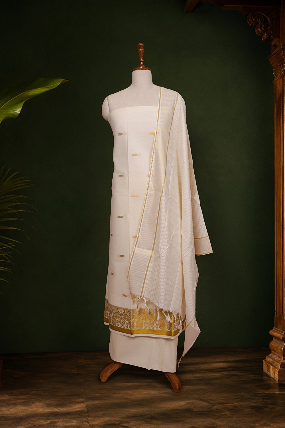 Cream Cotton Butta Unstitched Churidhar Material
