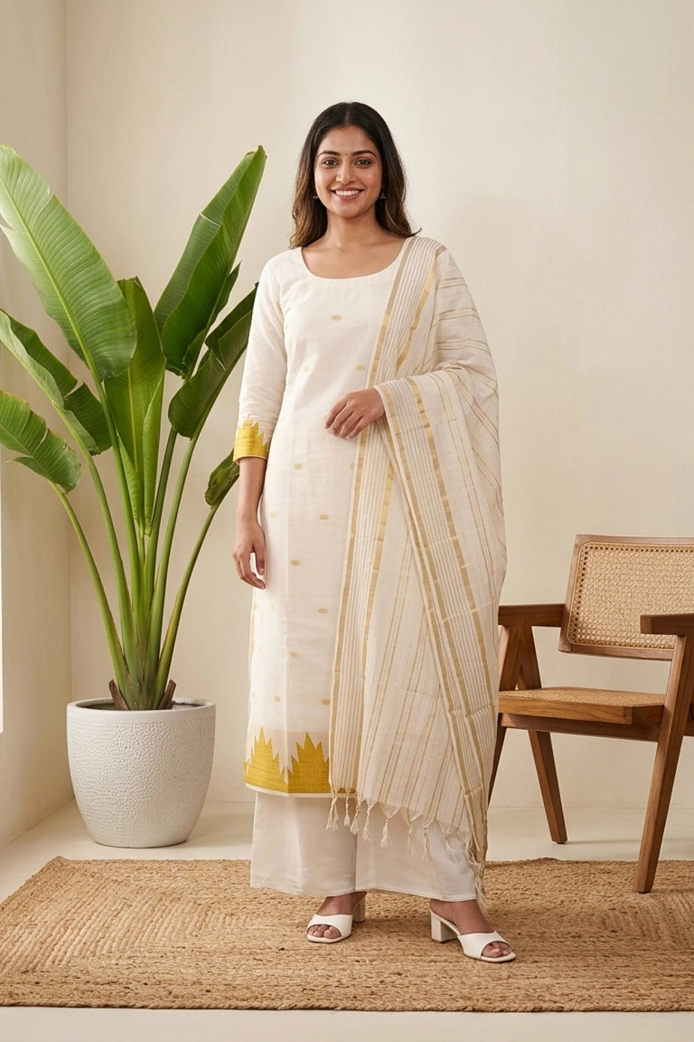 Cream Cotton Butta Unstitched Churidhar Material