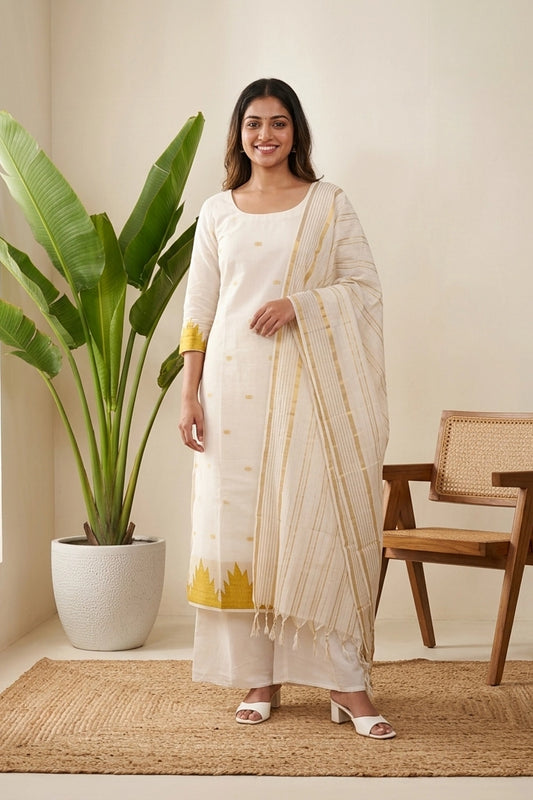 Cream Cotton Butta Unstitched Churidhar Material
