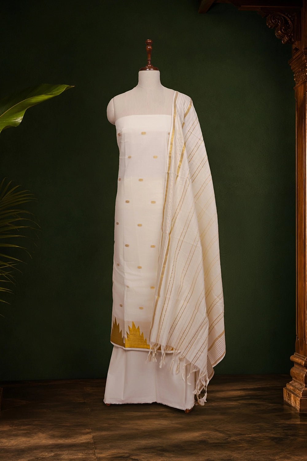 Cream Cotton Butta Unstitched Churidhar Material