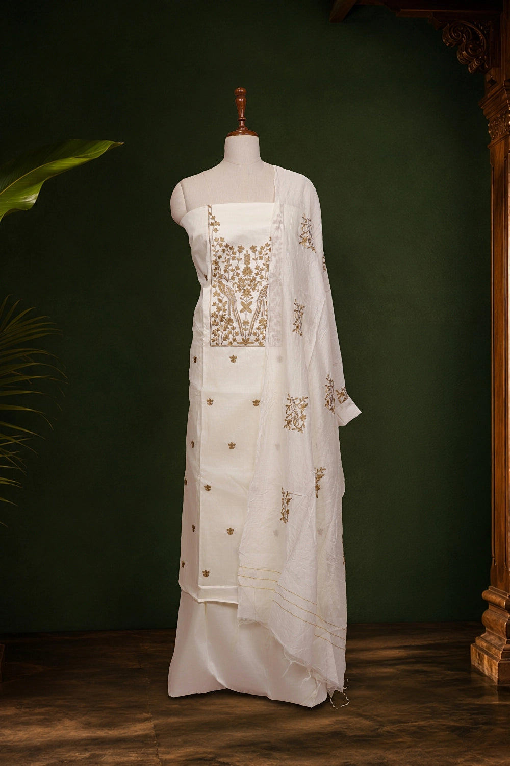 Cream Cotton Embroidery Unstitched Churidhar Material