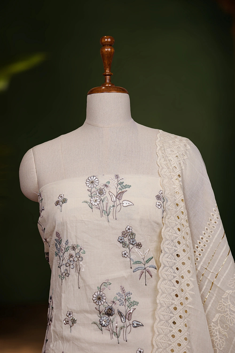 Cream Cotton Embroidery Unstitched Churidhar Material - Seematti