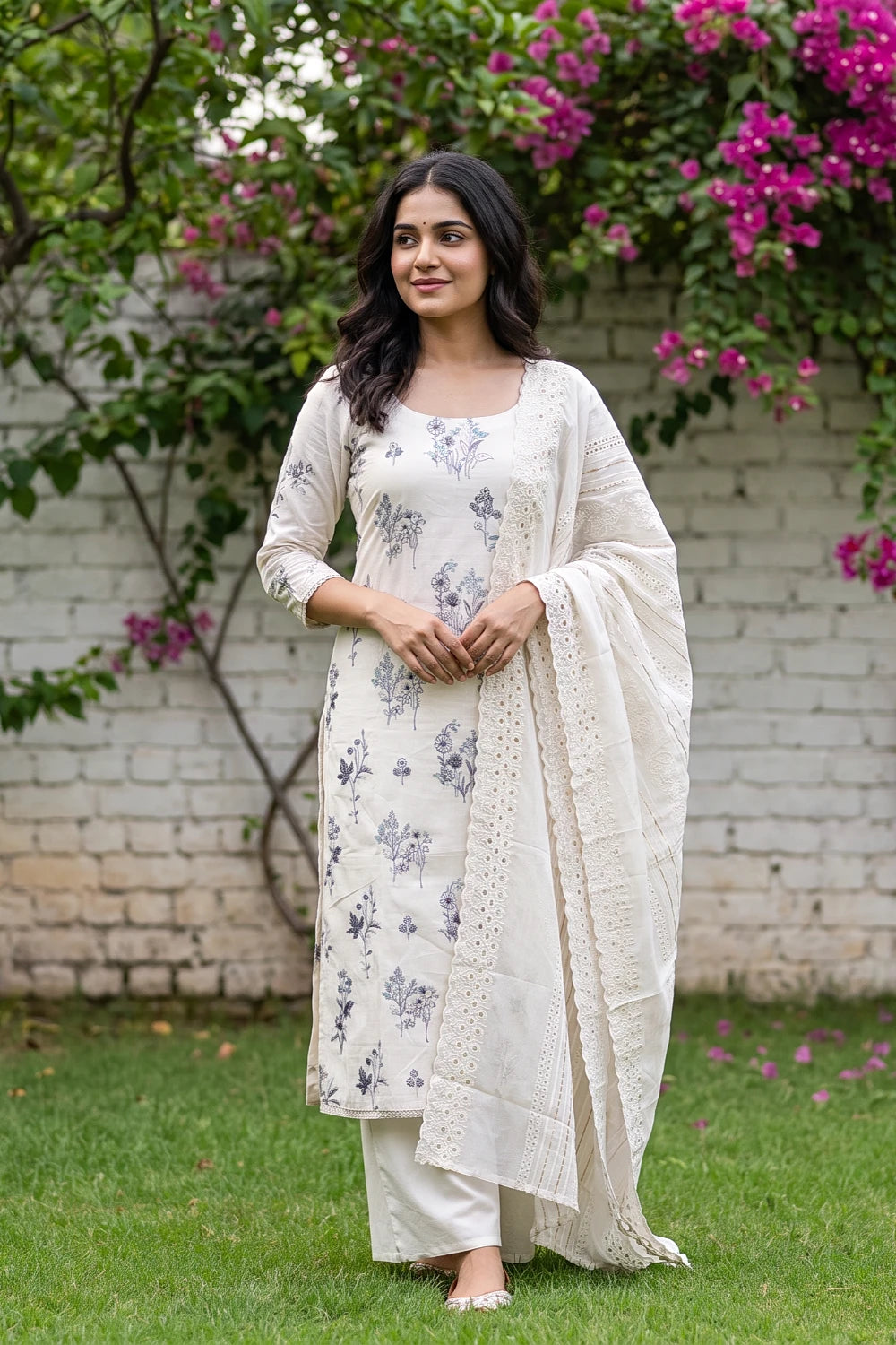 Cream Cotton Embroidery Unstitched Churidhar Material - Seematti