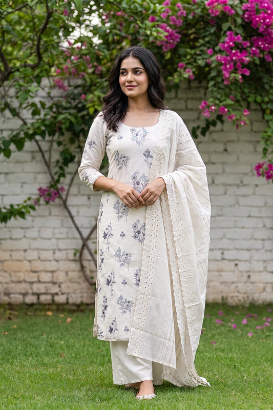 Cream Cotton Embroidery Unstitched Churidhar Material