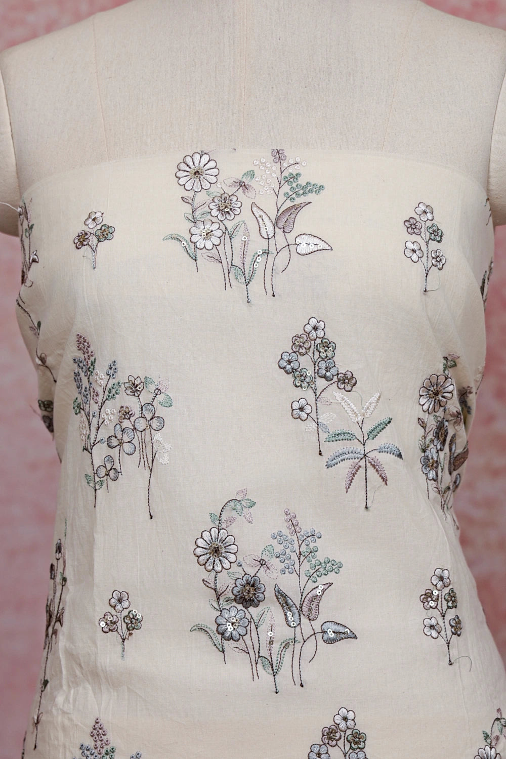 Cream Cotton Embroidery Unstitched Churidhar Material - Seematti
