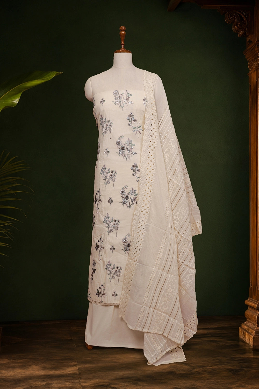 Cream Cotton Embroidery Unstitched Churidhar Material - Seematti