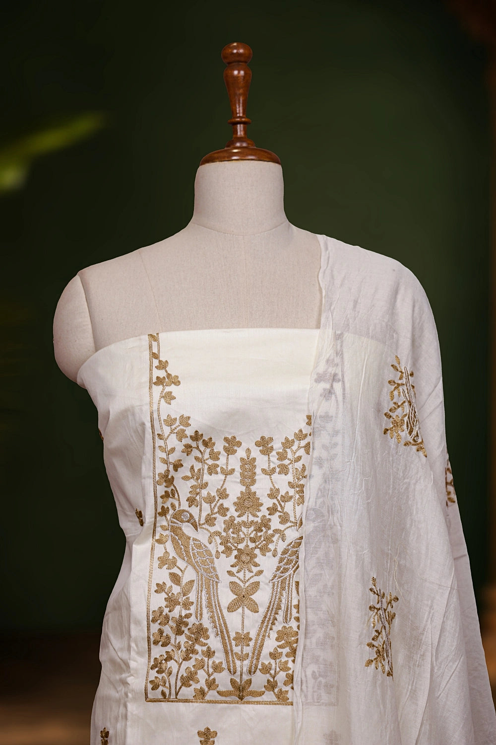 Cream Cotton Embroidery Unstitched Churidhar Material