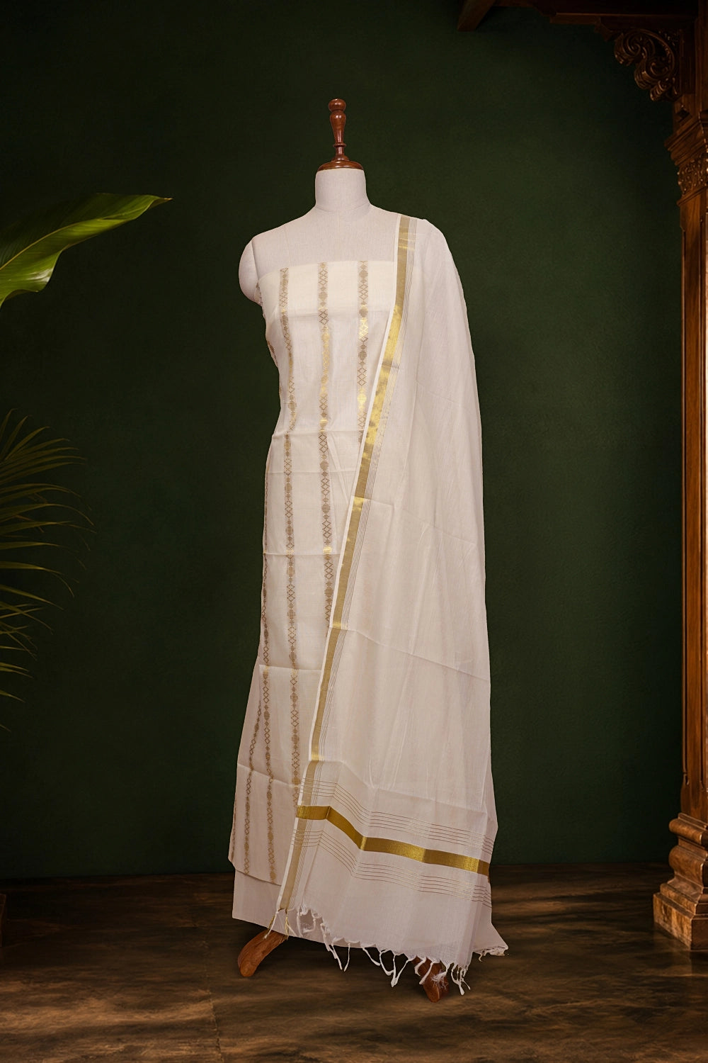 Cream Cotton Line Design Unstitched Churidhar Material