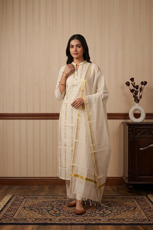 Cream Cotton Line Design Unstitched Churidhar Material
