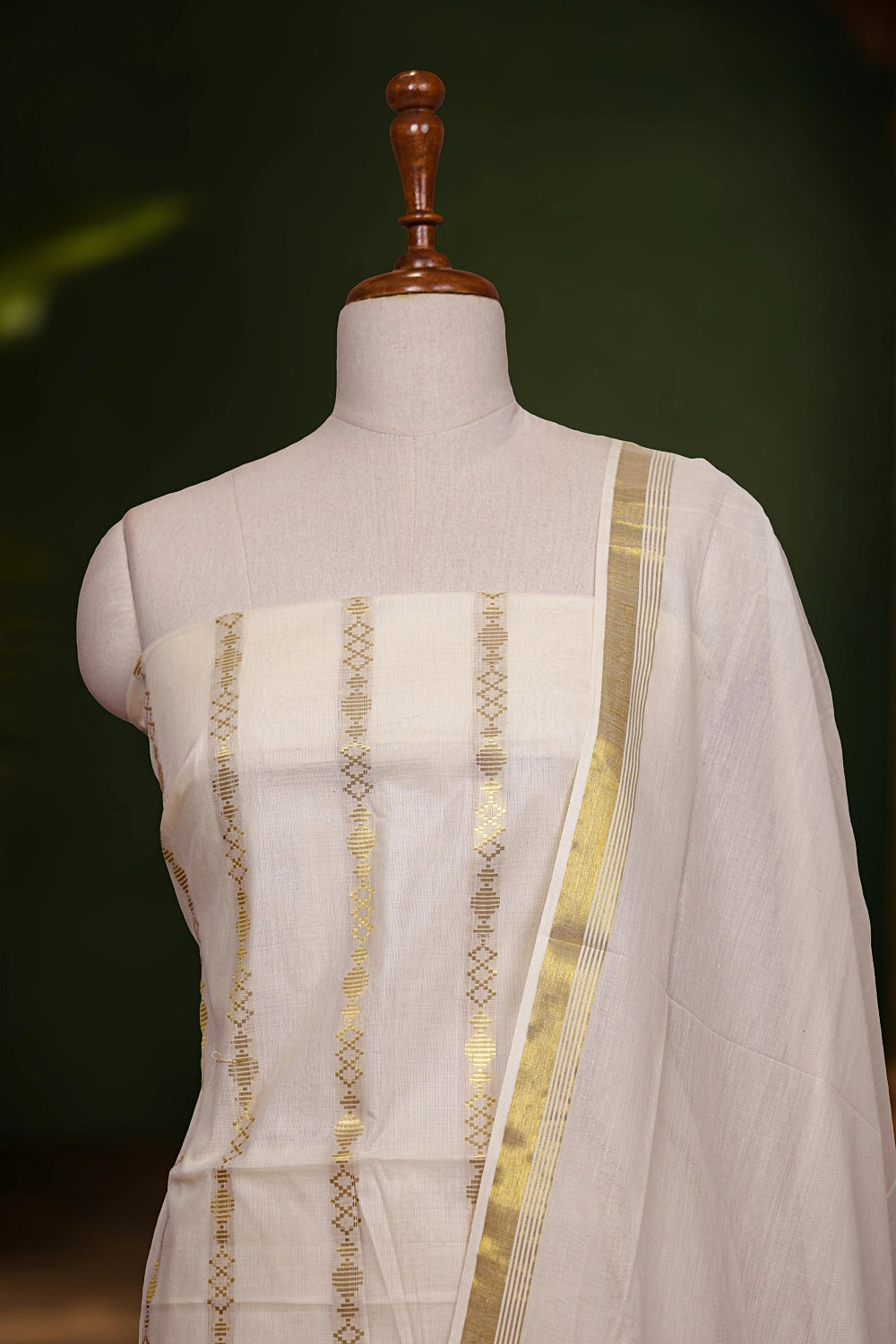 Cream Cotton Line Design Unstitched Churidhar Material