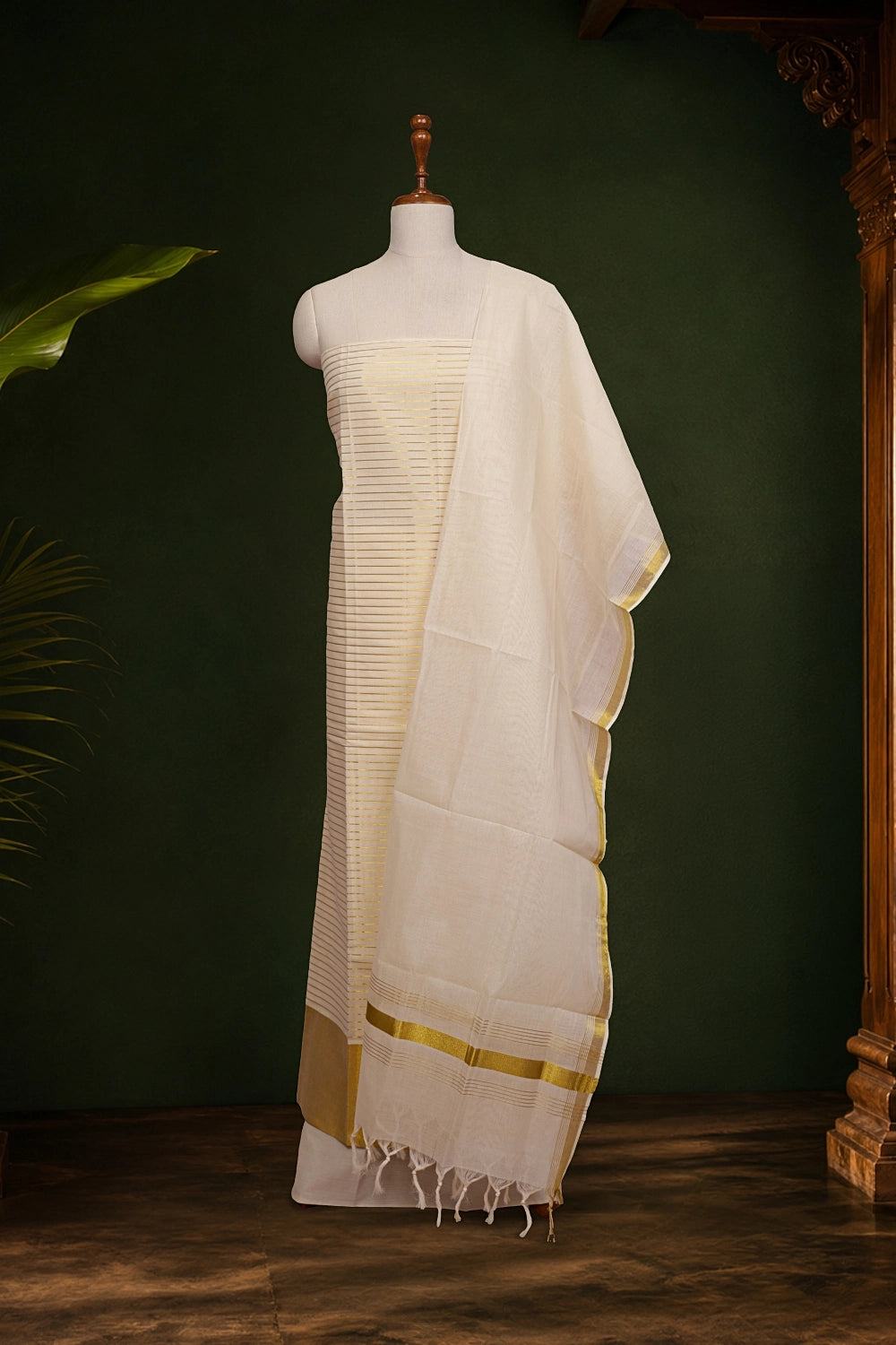 Cream Cotton Lines Unstitched Churidhar Material