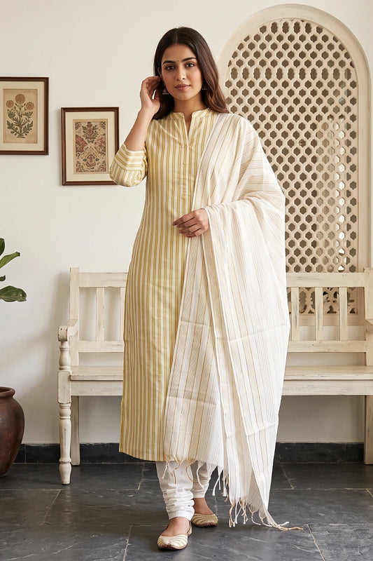 Cream Cotton Lines Unstitched Churidhar Material