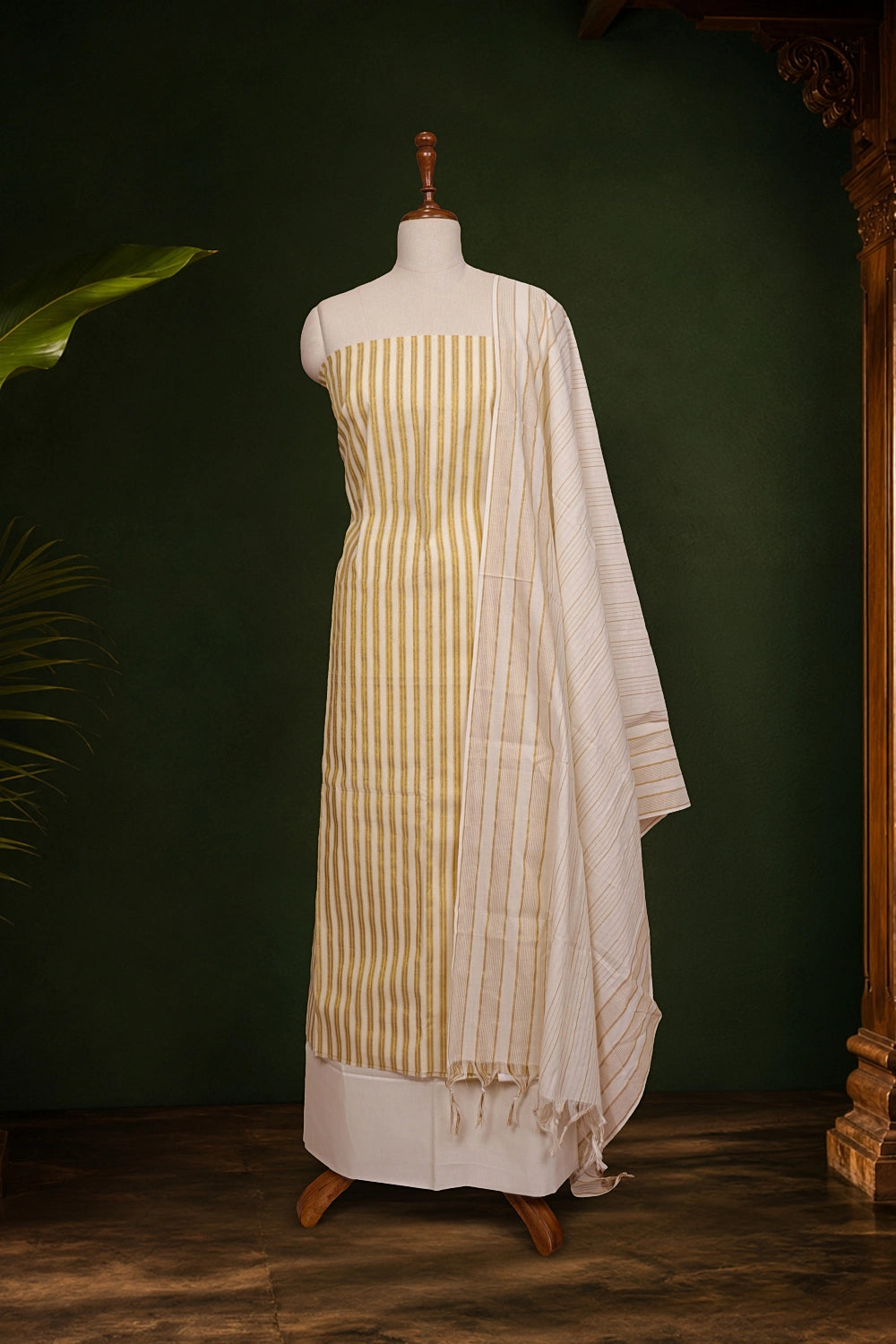 Cream Cotton Lines Unstitched Churidhar Material