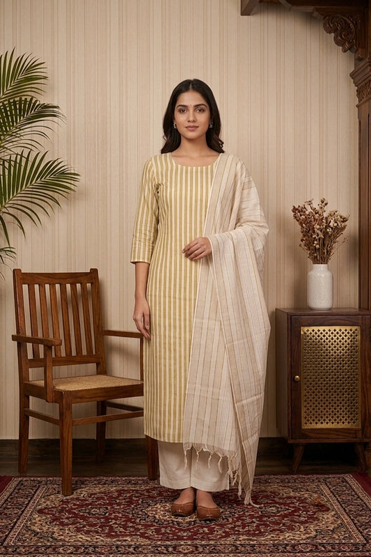 Cream Cotton Lines Unstitched Churidhar Material