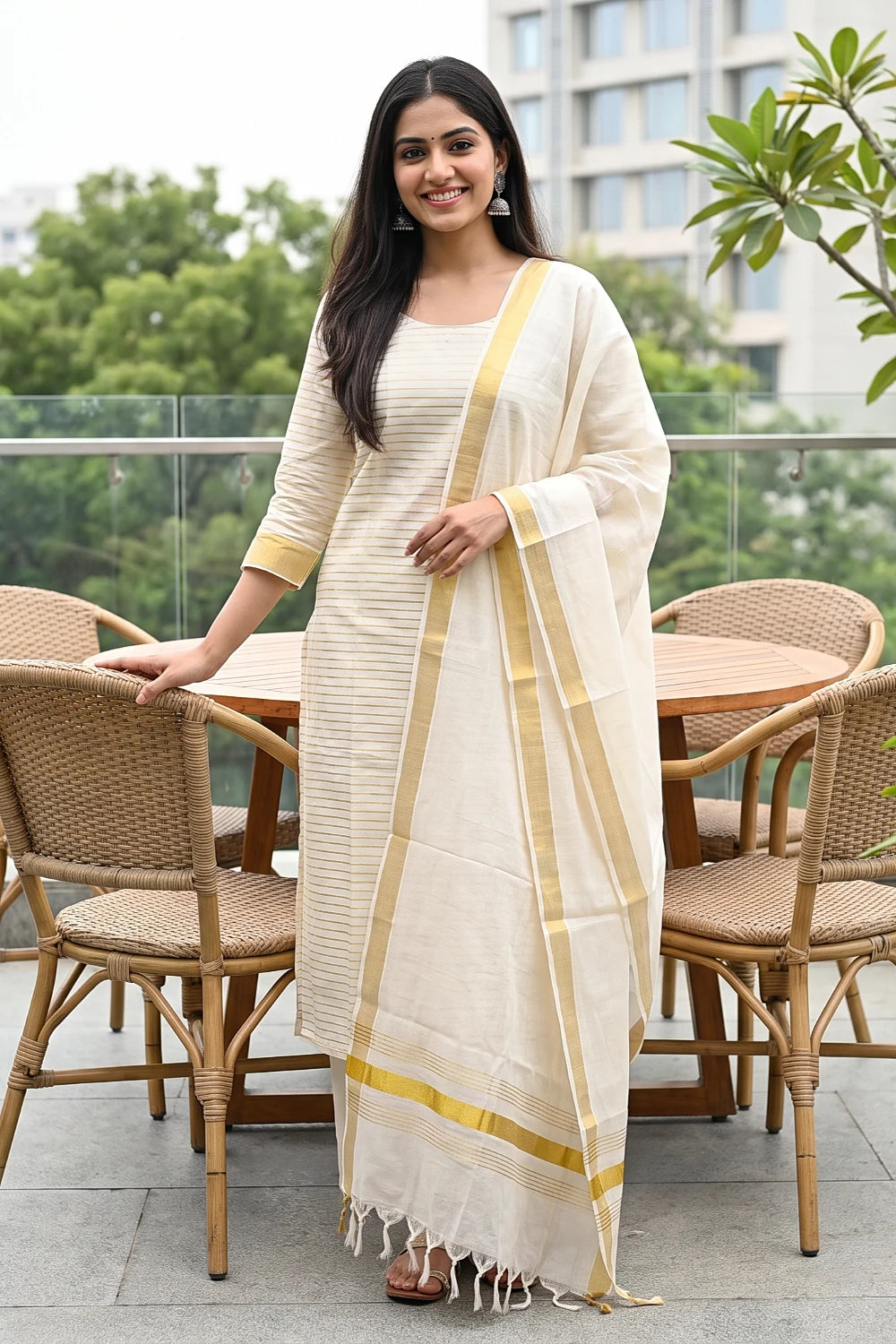 Cream Cotton Lines Unstitched Churidhar Material