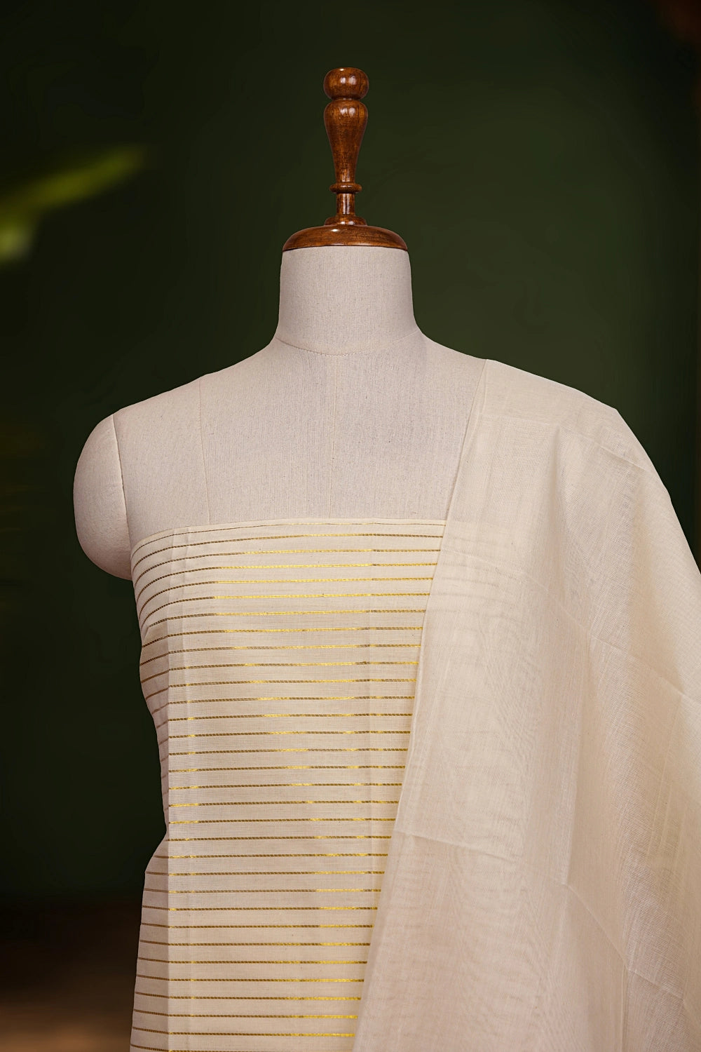 Cream Cotton Lines Unstitched Churidhar Material