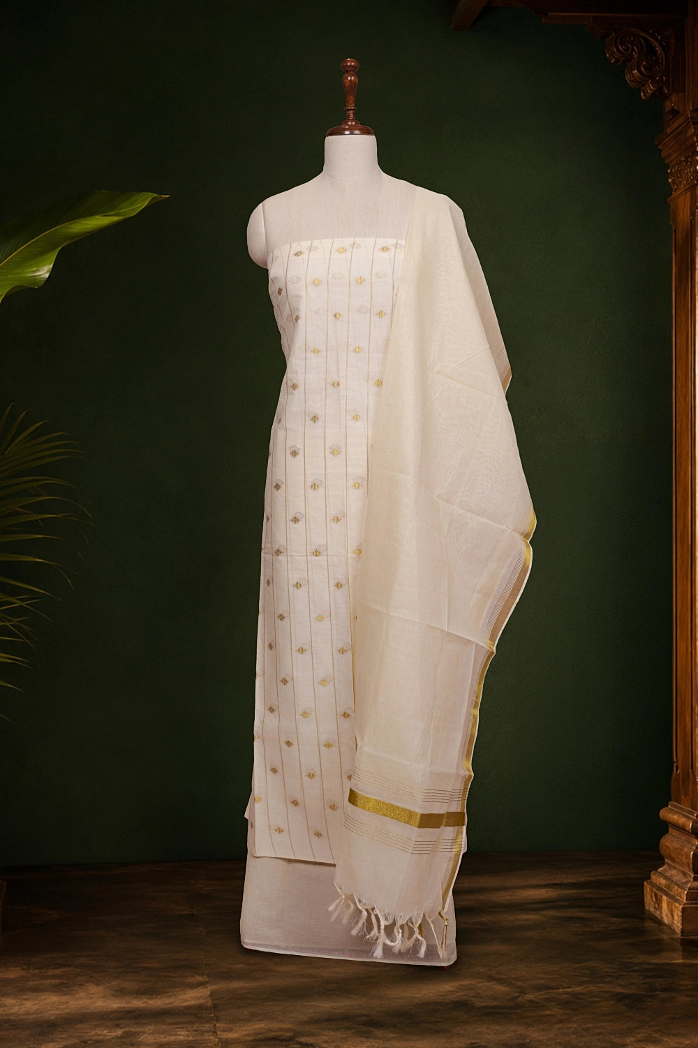 Cream Cotton Lines With Butta Unstitched Churidhar Material