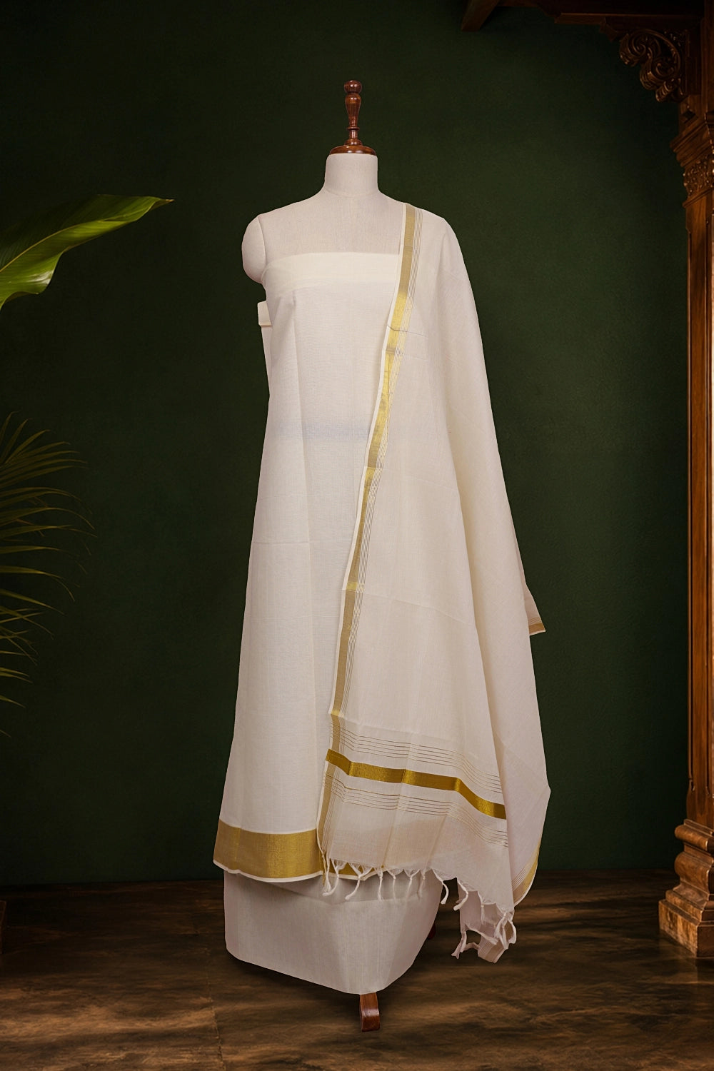 Cream Cotton Plain Unstitched Churidhar Material - Seematti