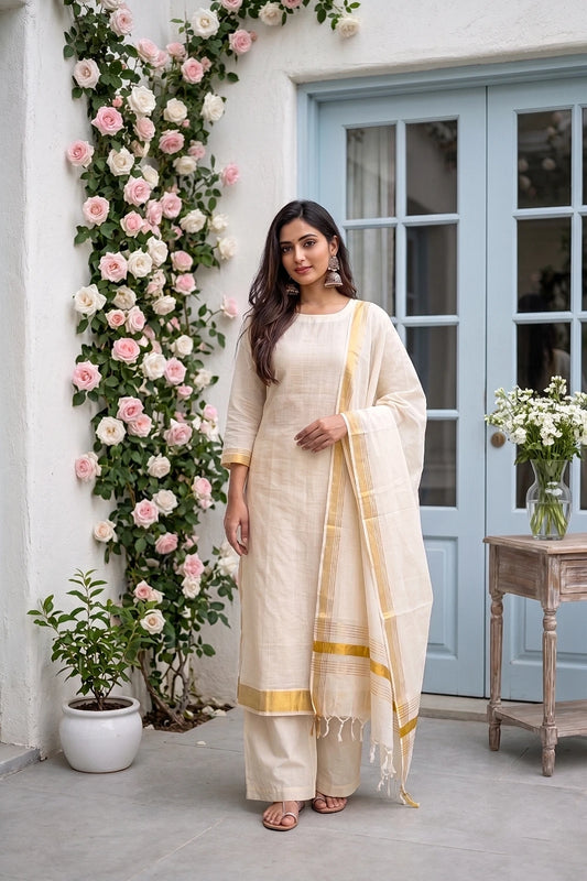 Cream Cotton Plain Unstitched Churidhar Material