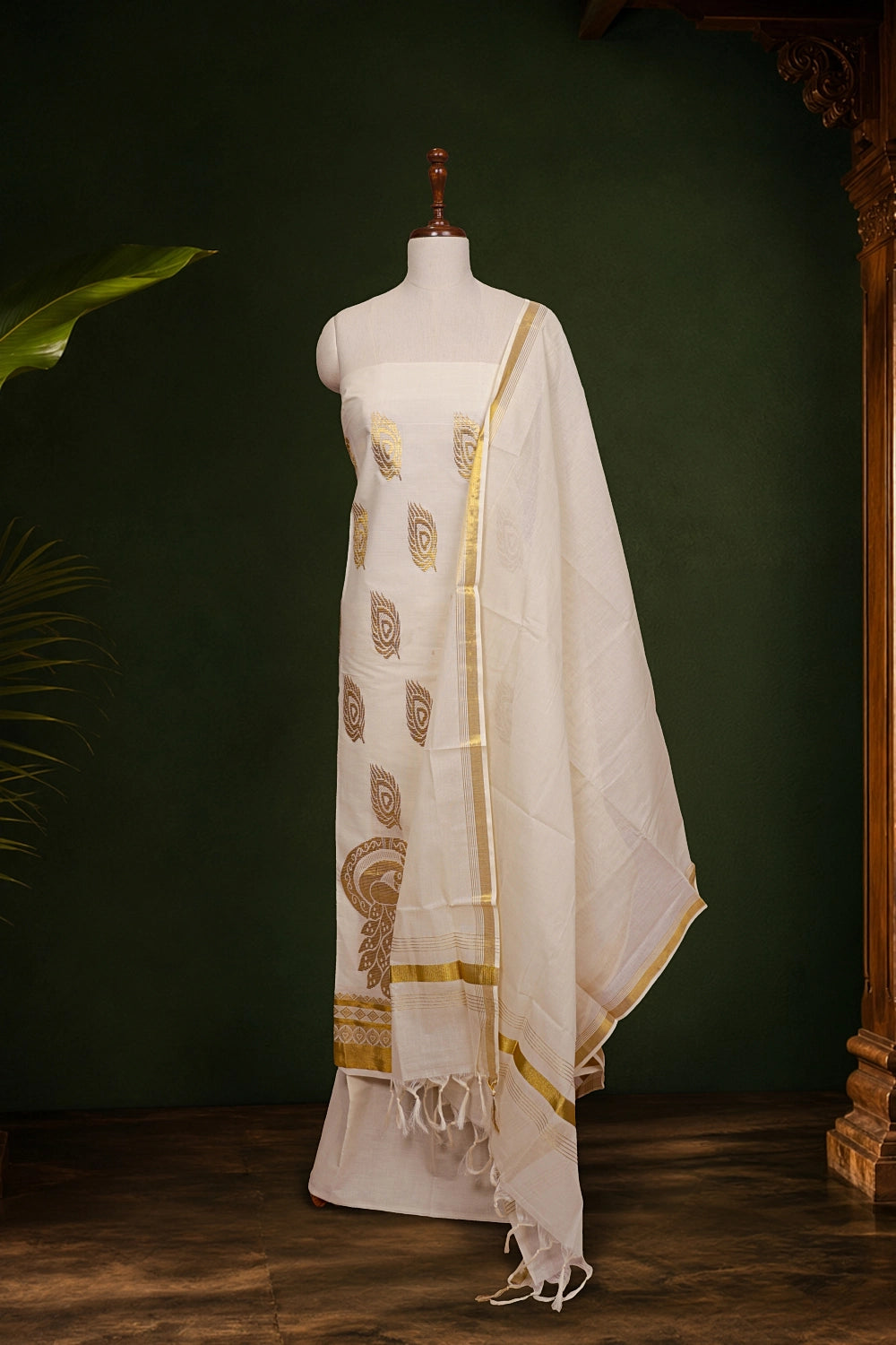 Cream Cotton Zari Work Unstitched Churidhar Material - Seematti