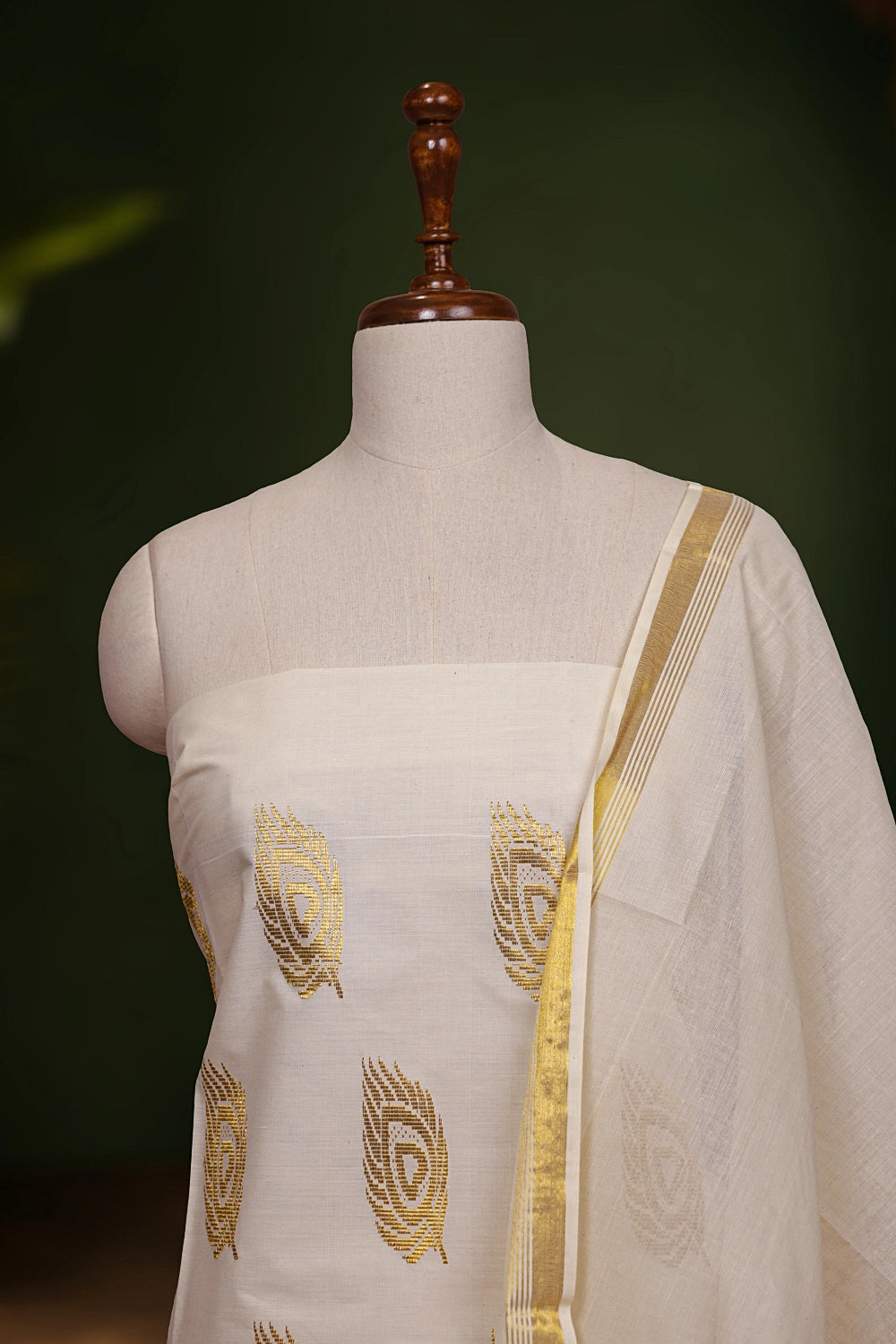 Cream Cotton Zari Work Unstitched Churidhar Material - Seematti