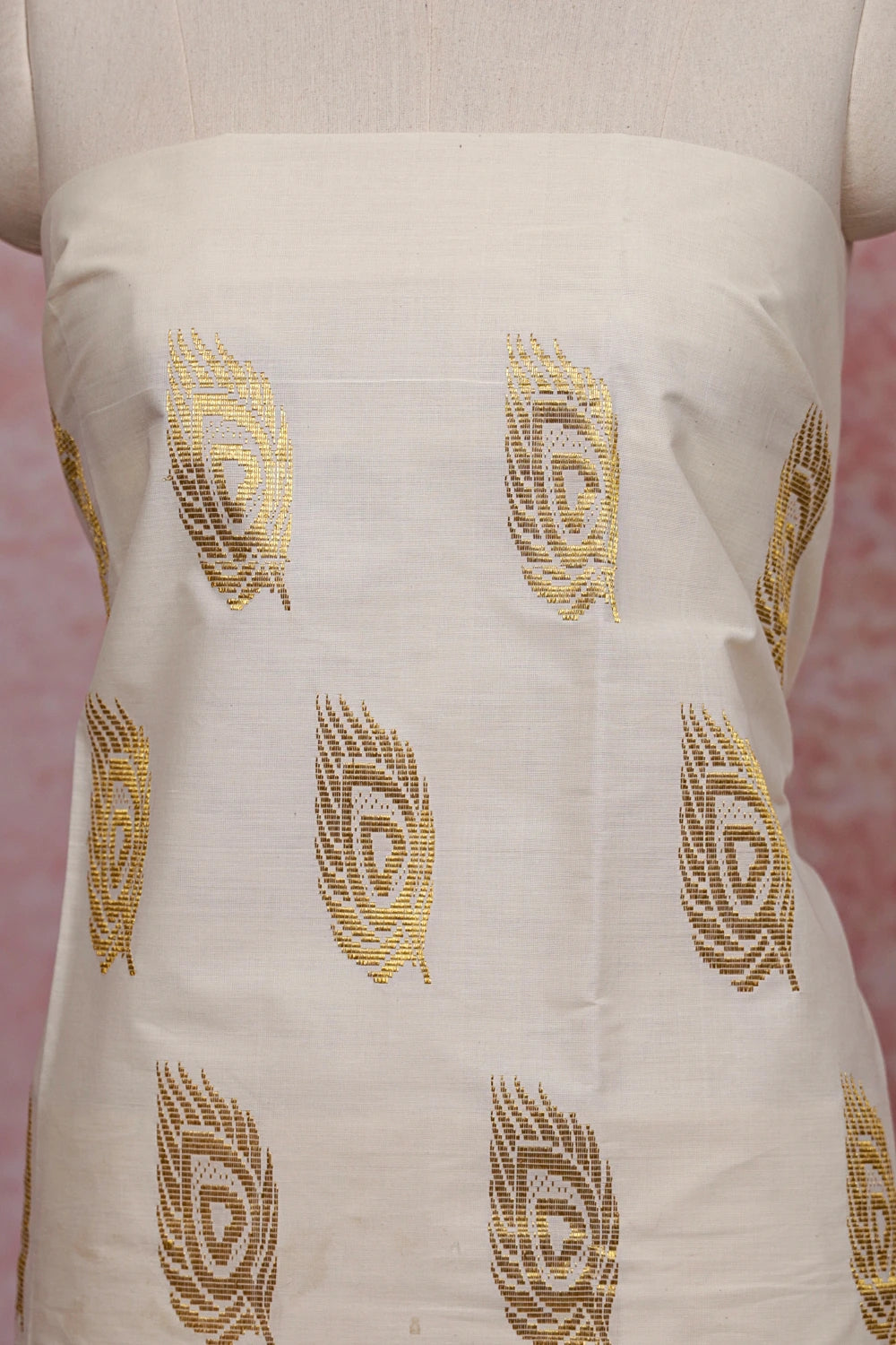 Cream Cotton Zari Work Unstitched Churidhar Material - Seematti