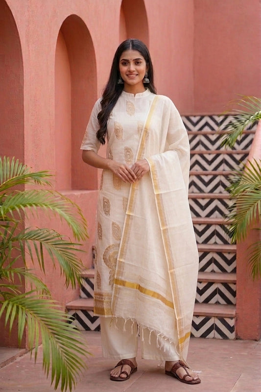 Cream Cotton Zari Work Unstitched Churidhar Material