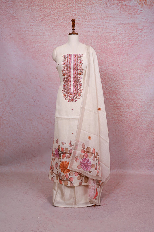 Cream Linen Embroidery Unstitched Churidhar Material - Seematti