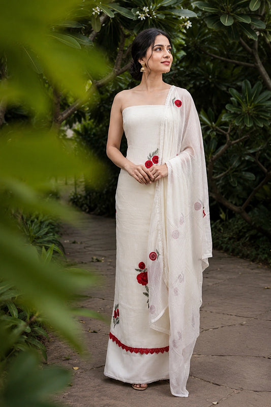 Cream Mul Chanderi Embroidery Unstitched Churidhar Material