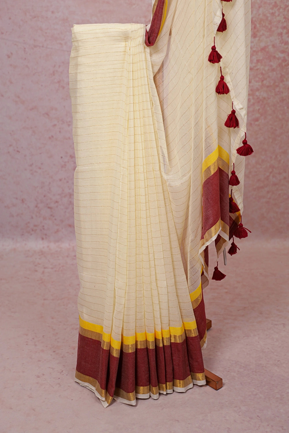 Cream Mul Cotton Kerala Saree - Seematti