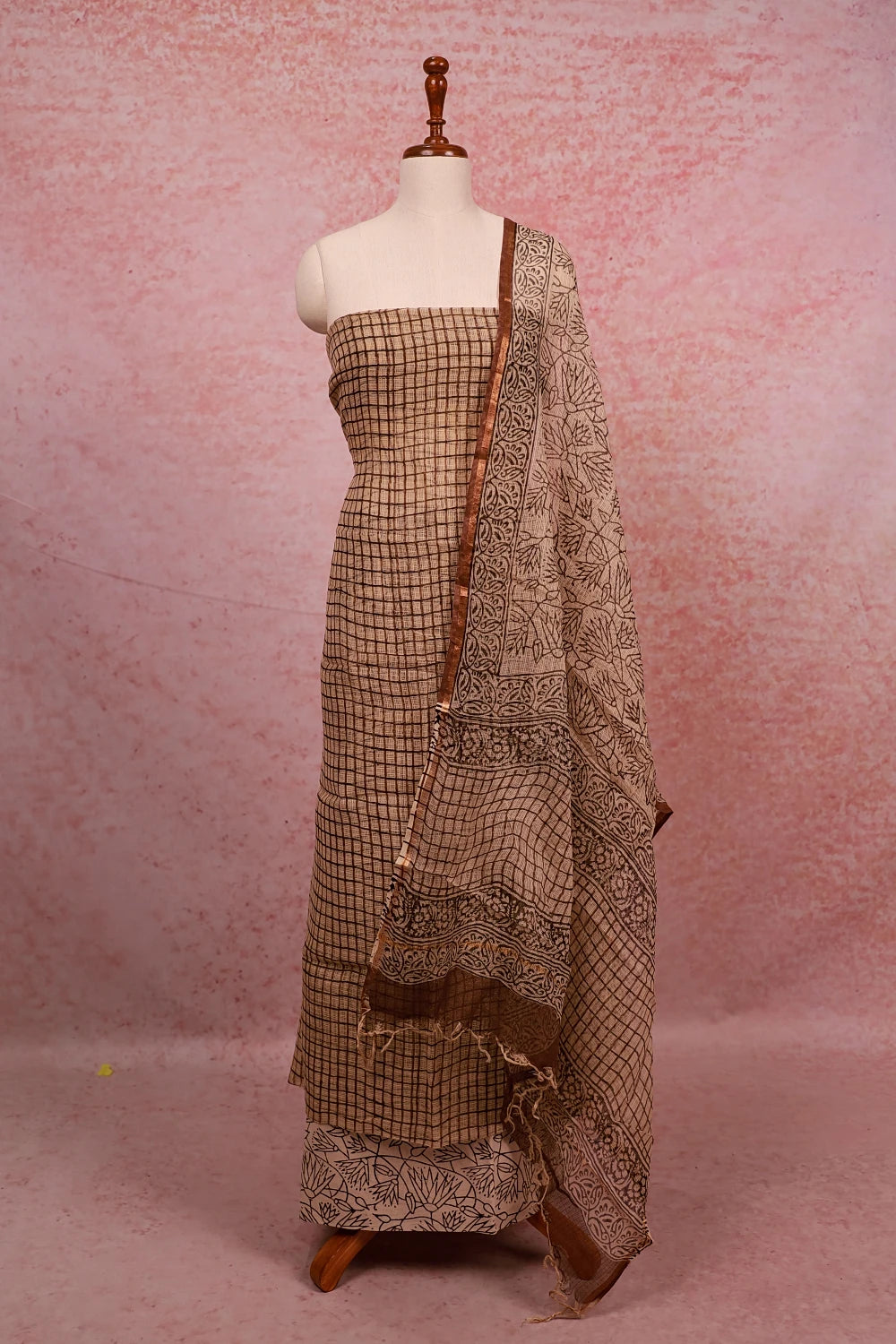 Cream Net Kota Check Unstitched Churidhar Material