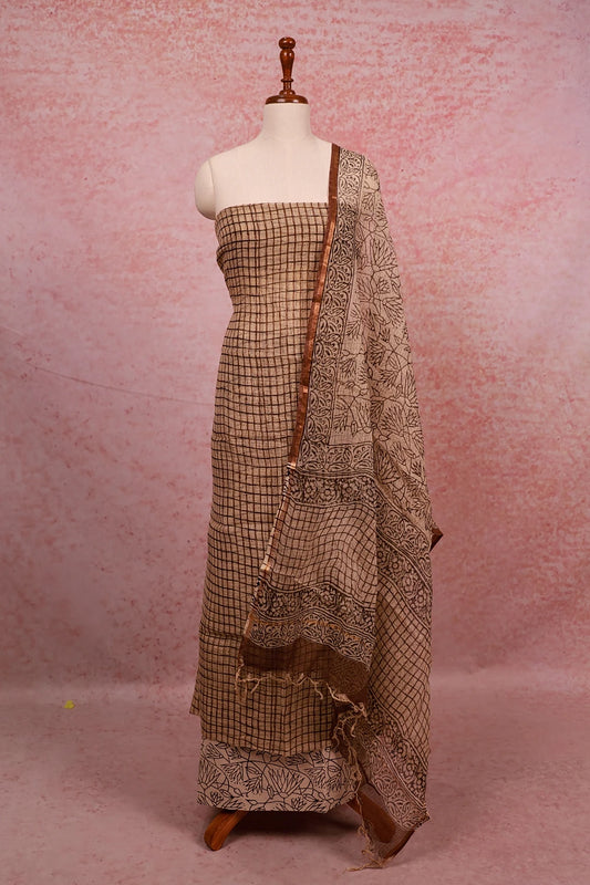 Cream Net Kota Check Unstitched Churidhar Material