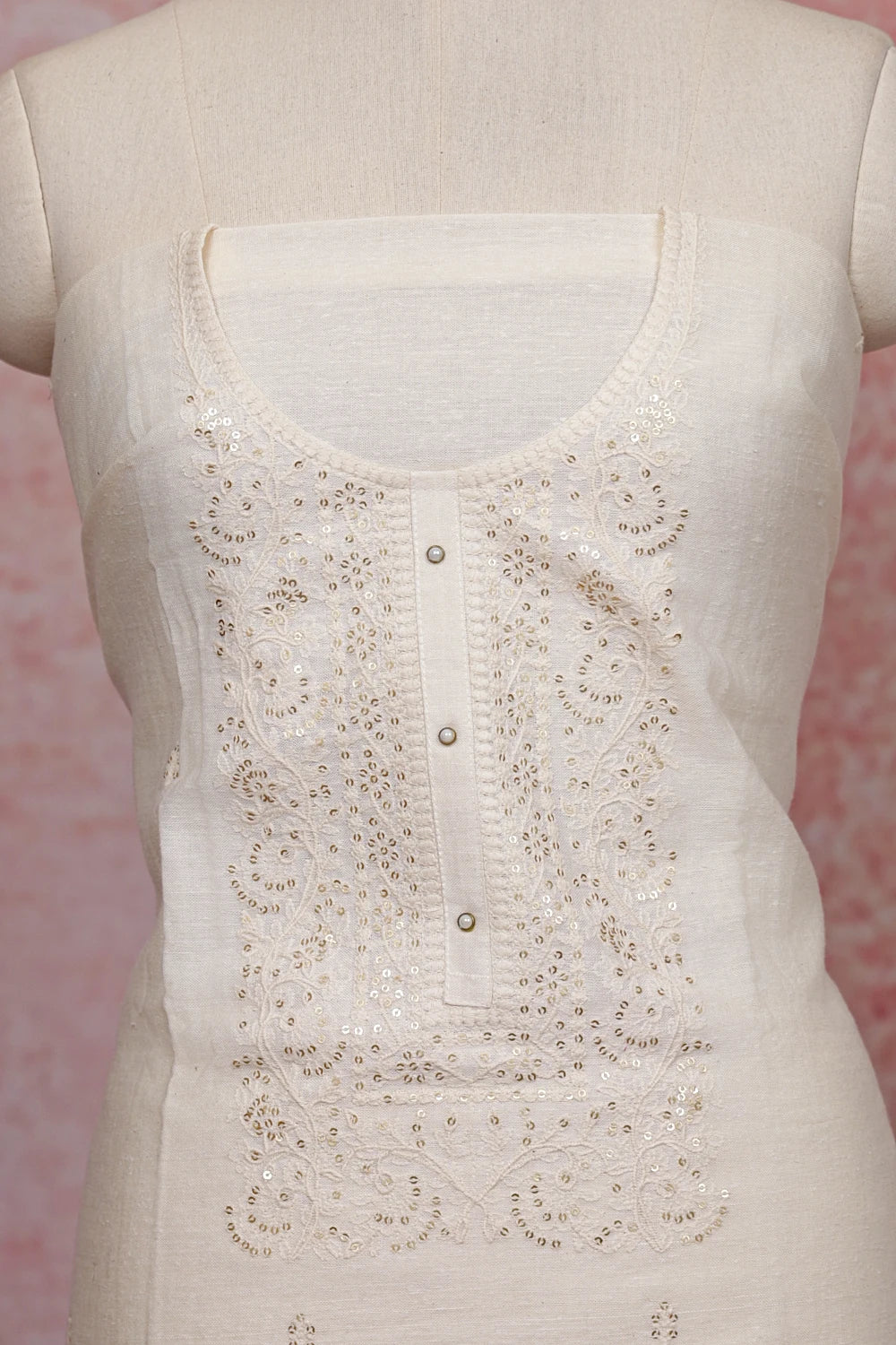 Cream Semi Linen Embroidery Unstitched Churidhar Material - Seematti