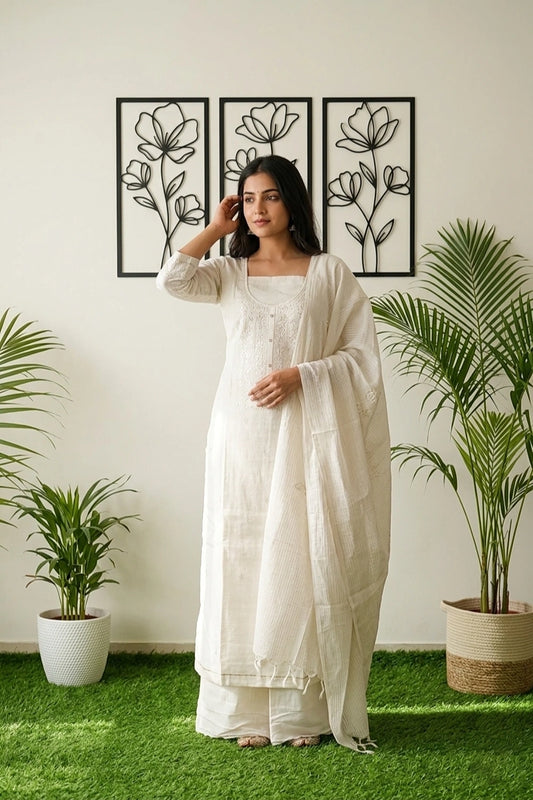 Cream Semi Linen Embroidery Unstitched Churidhar Material