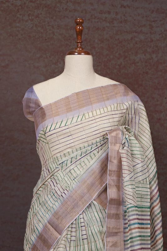 Cream Semi Linen Saree - Seematti