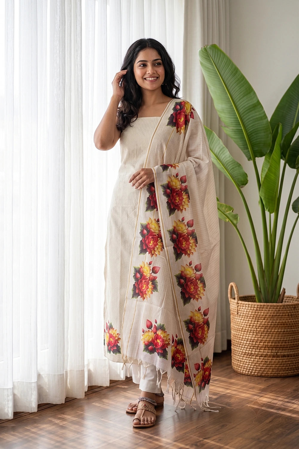 Cream Semi Tissue Zig Zag Design Unstitched Churidhar Material