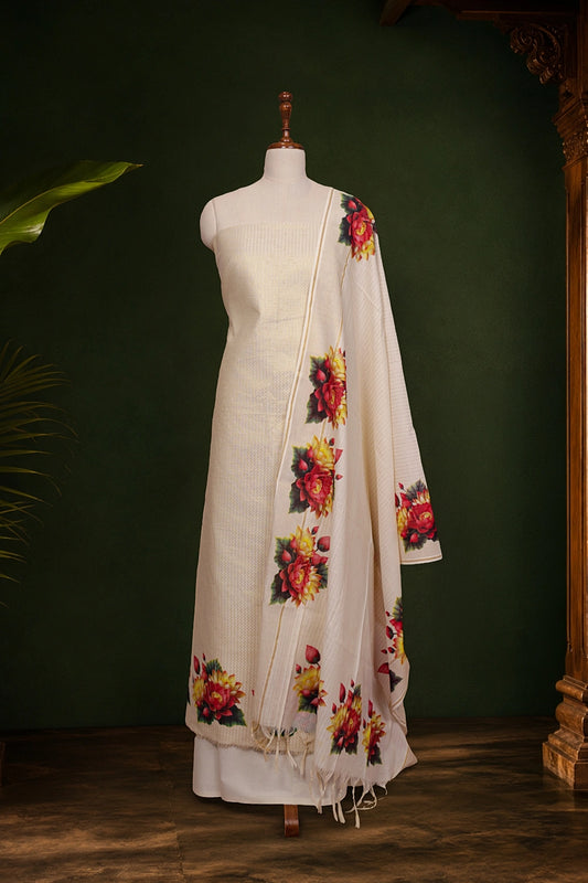 Cream Semi Tissue Zig Zag Design Unstitched Churidhar Material