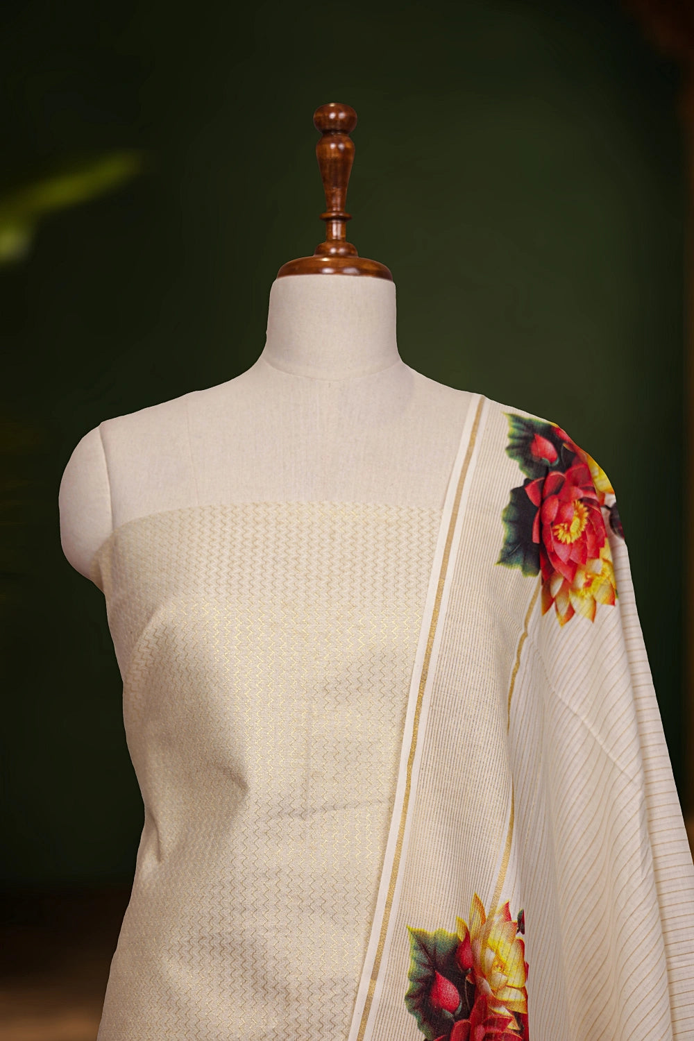 Cream Semi Tissue Zig Zag Design Unstitched Churidhar Material