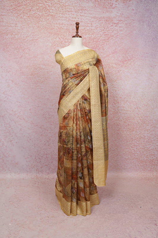 Cream Semi Tussar Printed Saree With Thread Border - Seematti