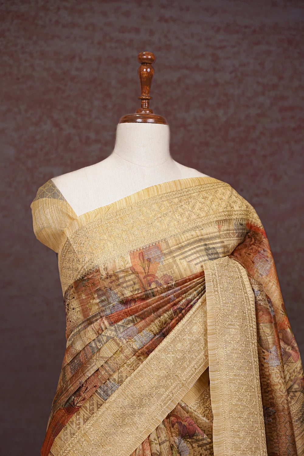Cream Semi Tussar Printed Saree With Thread Border - Seematti