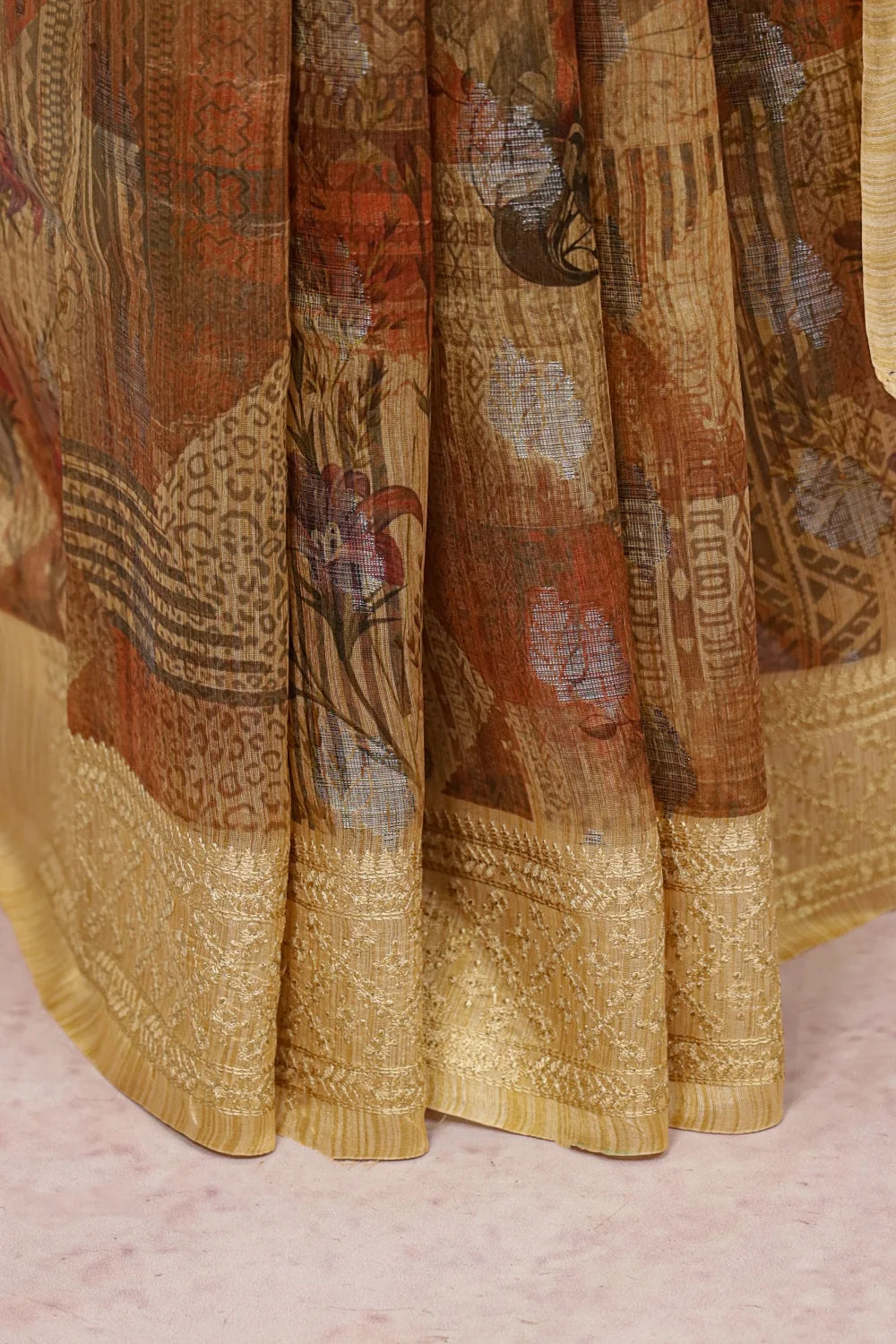 Cream Semi Tussar Printed Saree With Thread Border - Seematti