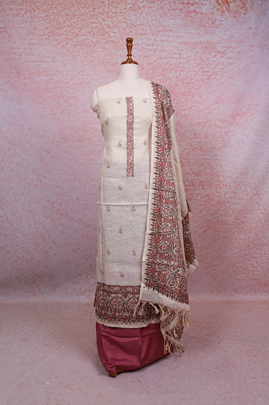 Cream Tissue Silk Kantha Stitched Unstitched Churidhar Material - Seematti