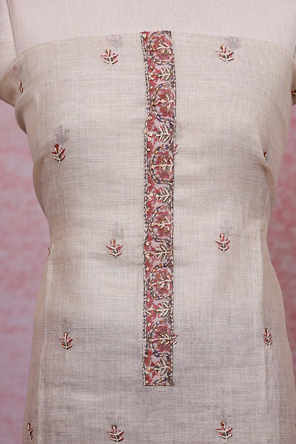 Cream Tissue Silk Kantha Stitched Unstitched Churidhar Material - Seematti