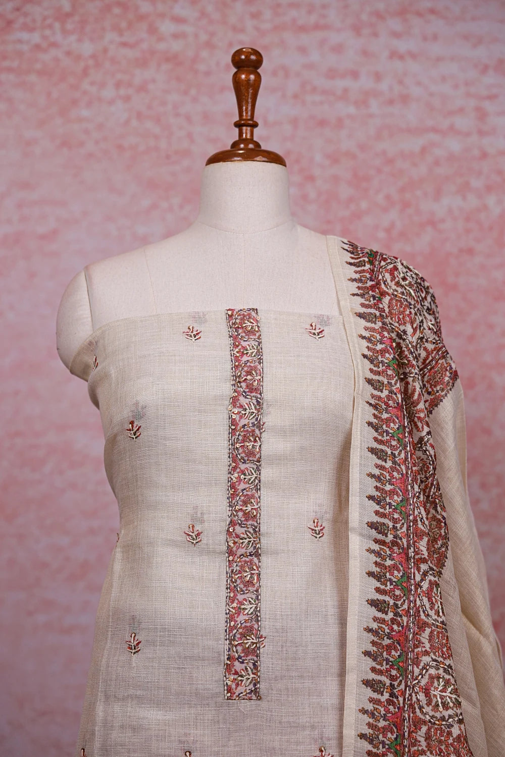 Cream Tissue Silk Kantha Stitched Unstitched Churidhar Material - Seematti