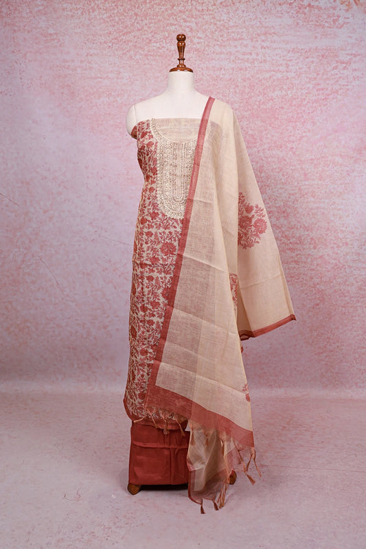 Cream Tissue Silk Printed Unstitched Churidhar Material - Seematti